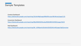 Content Dashboard
https://datastudio.google.com/reporting/16UdnIMghaagyiM8sRi9ruopcHBnWcaia/page/L1Q
Conversion Dashboard
https://datastudio.google.com/reporting/0BxZKBWWHRcodazRNNVBRVHJFMEE/page/HkCD
Paid Dashboard
https://datastudio.google.com/reporting/0B_U5RNpwhcE6ckdmZEJ0ZDJXUnM/page/VgD/preview
Sample Templates
 