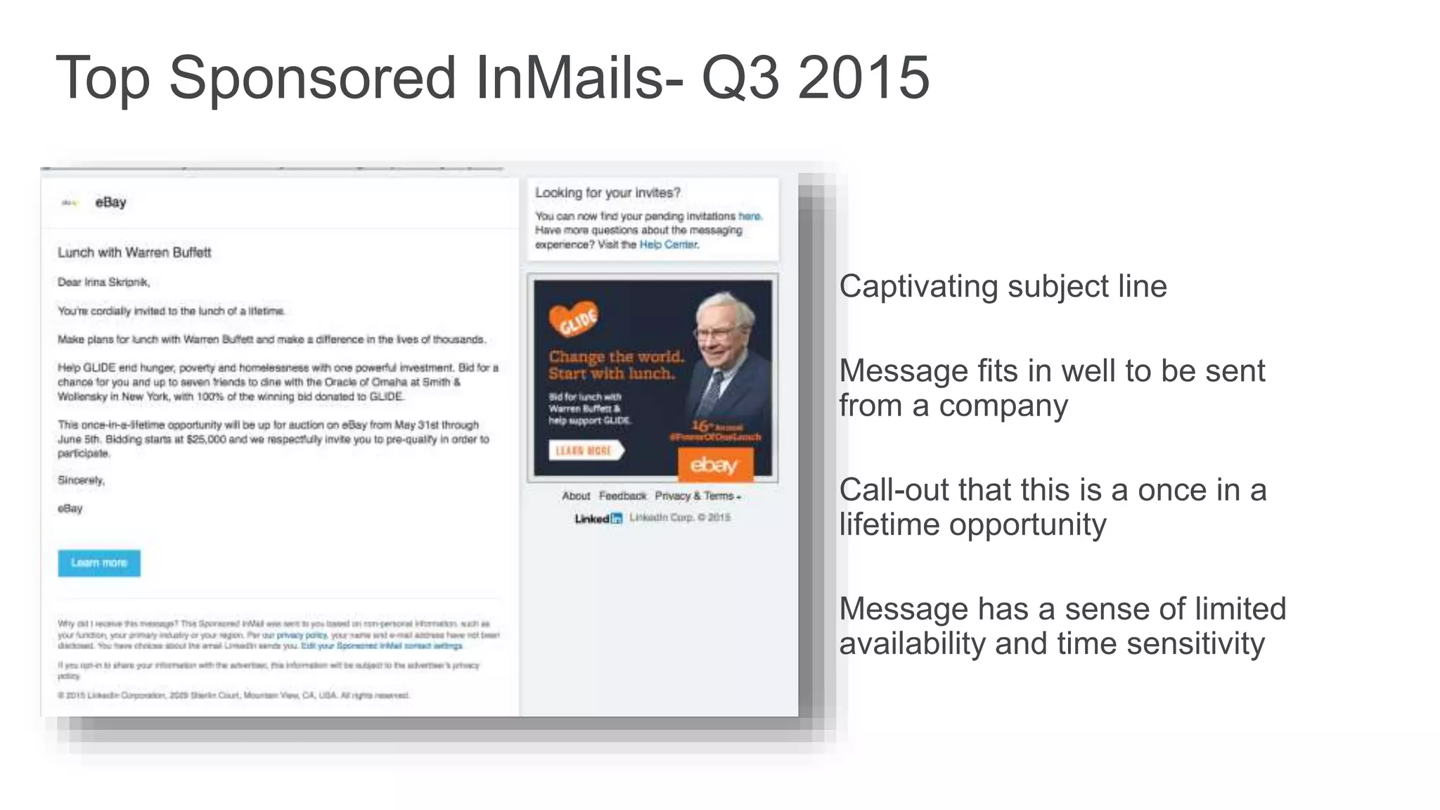 Captivating subject line
Message fits in well to be sent
from a company
Call-out that this is a once in a
lifetime opportunity
Message has a sense of limited
availability and time sensitivity
Top Sponsored InMails- Q3 2015
 
