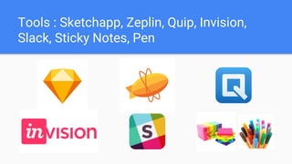 Tools : Sketchapp, Zeplin, Quip, Invision,
Slack, Sticky Notes, Pen
 