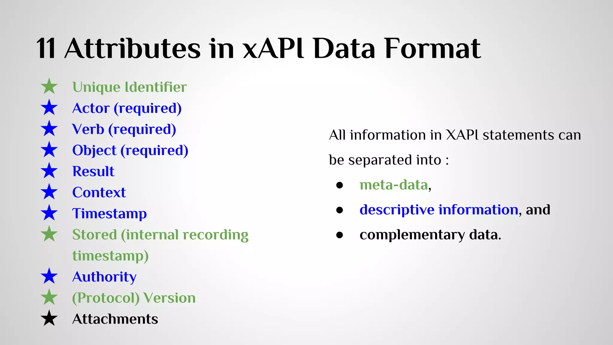 Recording Learning Events 
ActivityStreams: stream of activity data statements, 
borrowed from social analytics 
This is only the basic idea. Crafting the statements with more 
context and related information is necessary to support 
analytics and reporting. 
 