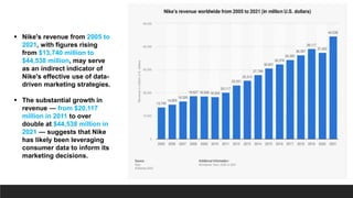  Nike's revenue from 2005 to
2021, with figures rising
from $13,740 million to
$44,538 million, may serve
as an indirect indicator of
Nike's effective use of data-
driven marketing strategies.
 The substantial growth in
revenue — from $20,117
million in 2011 to over
double at $44,538 million in
2021 — suggests that Nike
has likely been leveraging
consumer data to inform its
marketing decisions.
 
