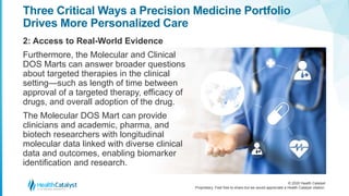 © 2020 Health Catalyst
Proprietary. Feel free to share but we would appreciate a Health Catalyst citation.
Three Critical Ways a Precision Medicine Portfolio
Drives More Personalized Care
2: Access to Real-World Evidence
Furthermore, the Molecular and Clinical
DOS Marts can answer broader questions
about targeted therapies in the clinical
setting—such as length of time between
approval of a targeted therapy, efficacy of
drugs, and overall adoption of the drug.
The Molecular DOS Mart can provide
clinicians and academic, pharma, and
biotech researchers with longitudinal
molecular data linked with diverse clinical
data and outcomes, enabling biomarker
identification and research.
 