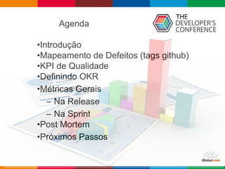 Agenda
•Introdução
•Mapeamento de Defeitos (tags github)
•KPI de Qualidade
•Definindo OKR
•Métricas Gerais
– Na Release
– Na Sprint
•Post Mortem
•Próximos Passos
 