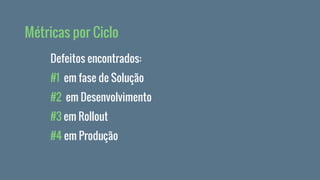 Defeitos encontrados:
#1 em fase de Solução
#2 em Desenvolvimento
#3 em Rollout
#4 em Produção
Métricas por Ciclo
 