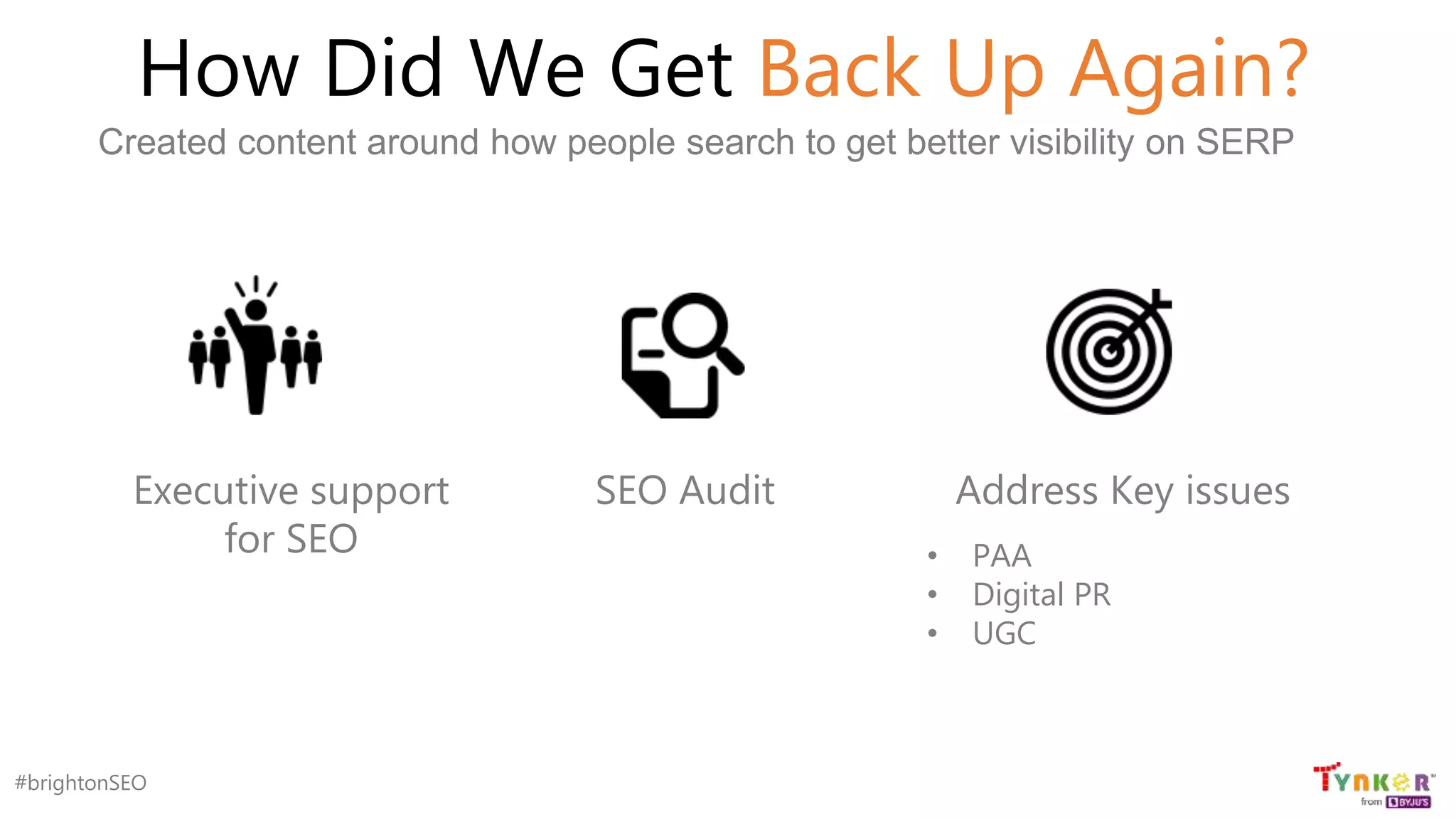 #brightonSEO
How Did We Get Back Up Again?
Executive support
for SEO
SEO Audit Address Key issues
• PAA
• Digital PR
• UGC
Created content around how people search to get better visibility on SERP
 