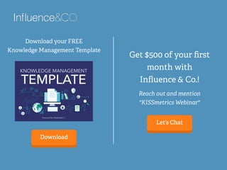 Get $500 of your ﬁrst
month with
Inﬂuence & Co.!
Presented By:
Download your FREE
Knowledge Management Template
Download
Let’s Chat
Reach out and mention
"KISSmetrics Webinar"
 