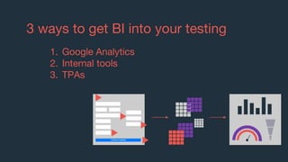 3 ways to get BI into your testing
1. Google Analytics
2. Internal tools
3. TPAs
 