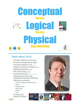 Conceptual
Versus
Logical
Versus
Physical
Data Modeling
© Copyright 2022 by Peter Aiken Slide # 1
peter.aiken@anythingawesome.com +1.804.382.5957 Peter Aiken, PhD
Peter Aiken, Ph.D.
• I've been doing this a long time
• My work is recognized as useful
• Associate Professor of IS (vcu.edu)
• Institute for Defense Analyses (ida.org)
• DAMA International (dama.org)
• MIT CDO Society (iscdo.org)
• Anything Awesome (anythingawesome.com)
• Experienced w/ 500+ data
management practices worldwide
• Multi-year immersions
– US DoD (DISA/Army/Marines/DLA)
– Nokia
– Deutsche Bank
– Wells Fargo
– Walmart
– HUD …
• 12 books and
dozens of articles
© Copyright 2022 by Peter Aiken Slide # 2
https://anythingawesome.com
+
• DAMA International President 2009-2013/2018/2020
• DAMA International Achievement Award 2001
(with Dr. E. F. "Ted" Codd
• DAMA International Community Award 2005
 