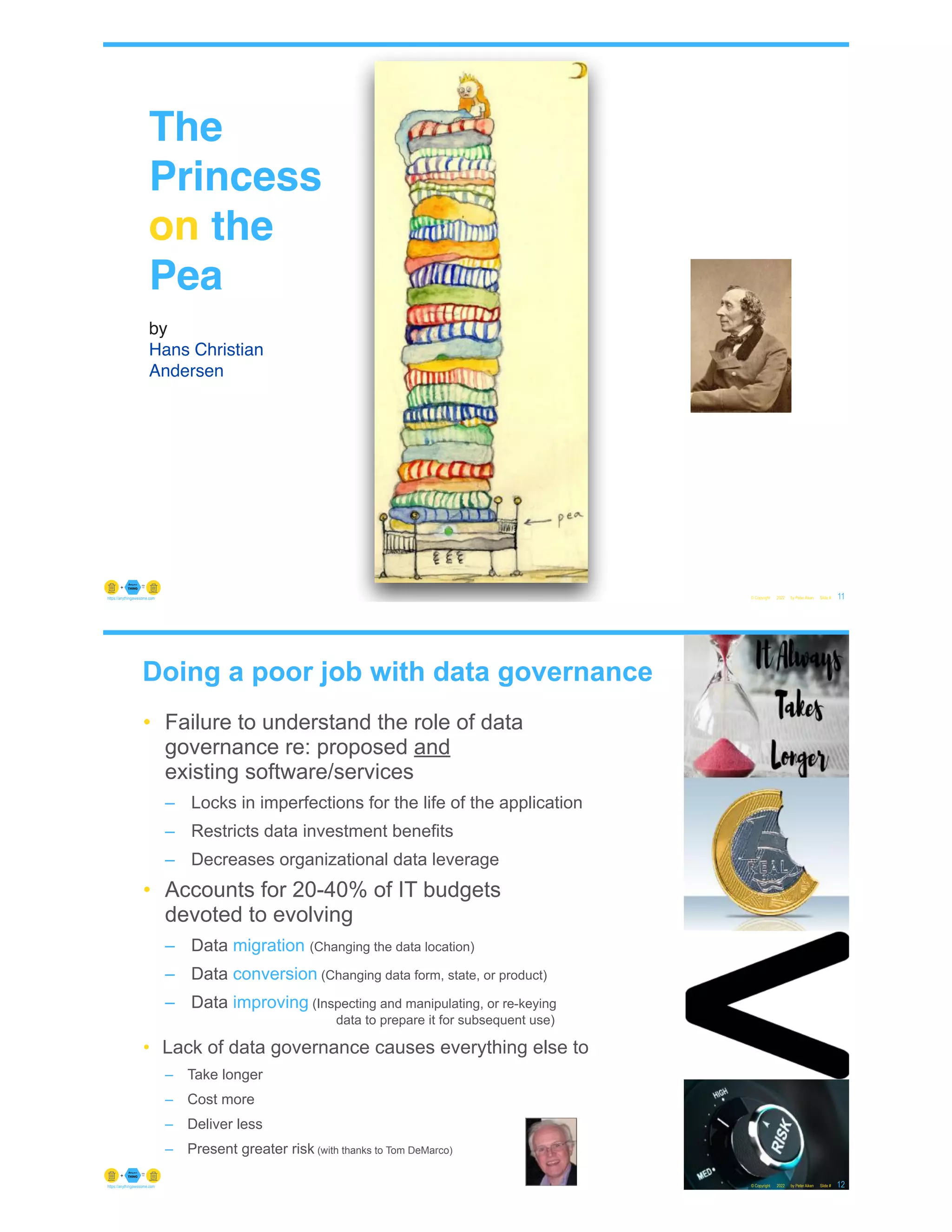 © Copyright 2022 by Peter Aiken Slide # 11
https://anythingawesome.com
The
Princess
on the
Pea 
 
by  
Hans Christian
Andersen
on
Doing a poor job with data governance
© Copyright 2022 by Peter Aiken Slide # 12
https://anythingawesome.com
• Failure to understand the role of data
governance re: proposed and
existing software/services
– Locks in imperfections for the life of the application
– Restricts data investment benefits
– Decreases organizational data leverage
• Accounts for 20-40% of IT budgets
devoted to evolving
– Data migration (Changing the data location)
– Data conversion (Changing data form, state, or product)
– Data improving (Inspecting and manipulating, or re-keying
data to prepare it for subsequent use)
• Lack of data governance causes everything else to
– Take longer
– Cost more
– Deliver less
– Present greater risk (with thanks to Tom DeMarco)
 