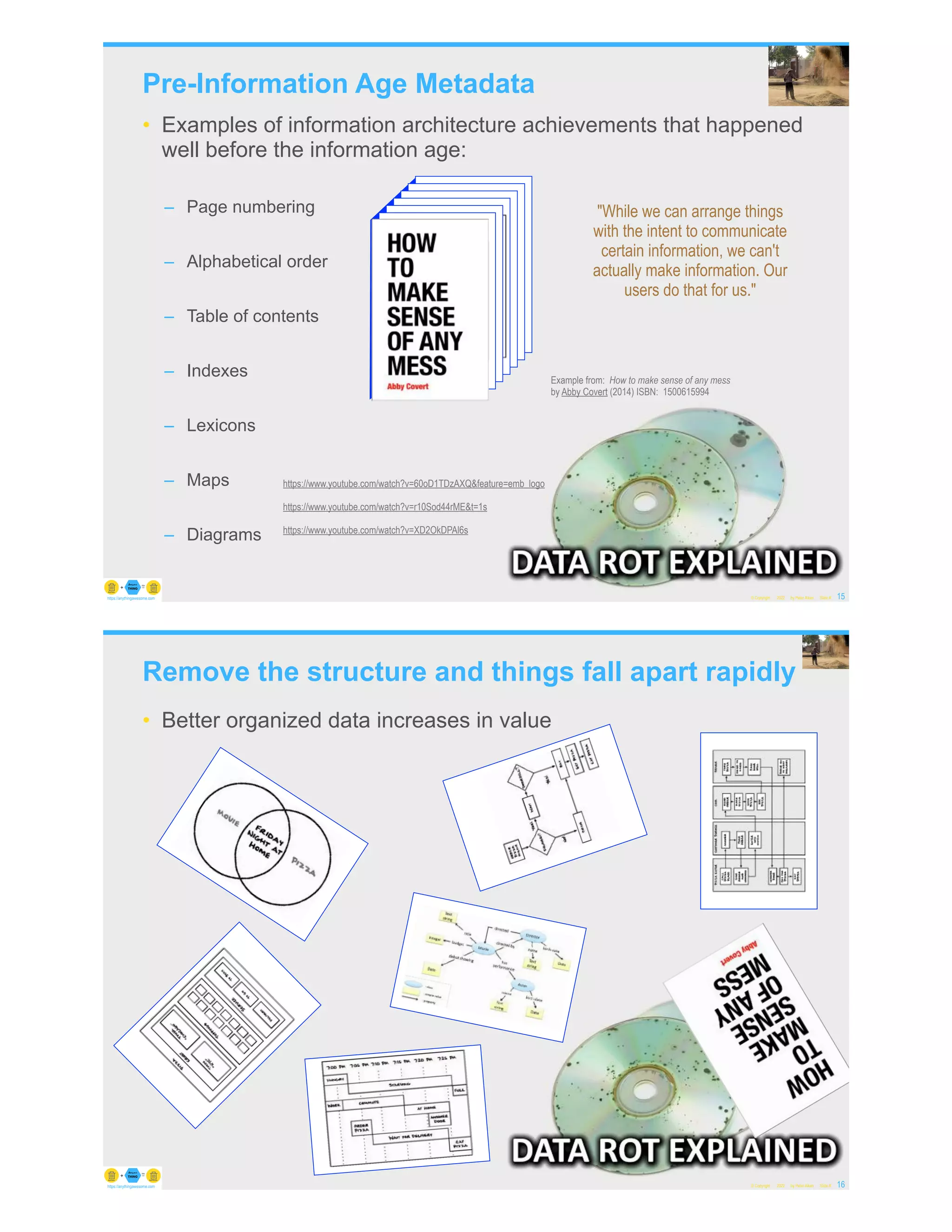• Examples of information architecture achievements that happened
well before the information age:
– Page numbering
– Alphabetical order
– Table of contents
– Indexes
– Lexicons
– Maps
– Diagrams
Pre-Information Age Metadata
© Copyright 2022 by Peter Aiken Slide # 15
https://anythingawesome.com
Example from: How to make sense of any mess
by Abby Covert (2014) ISBN: 1500615994
"While we can arrange things
with the intent to communicate
certain information, we can't
actually make information. Our
users do that for us."
https://www.youtube.com/watch?v=60oD1TDzAXQ&feature=emb_logo
https://www.youtube.com/watch?v=r10Sod44rME&t=1s
https://www.youtube.com/watch?v=XD2OkDPAl6s
Remove the structure and things fall apart rapidly
• Better organized data increases in value
© Copyright 2022 by Peter Aiken Slide # 16
https://anythingawesome.com
 