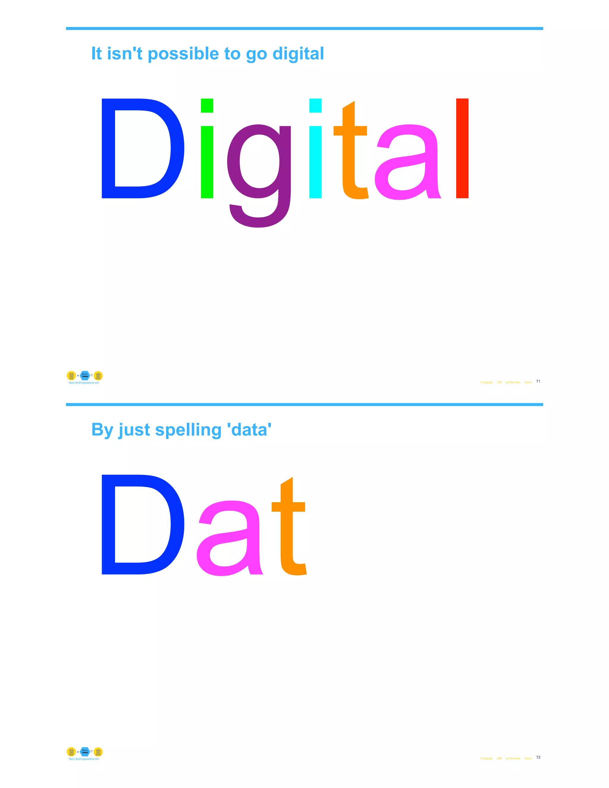 It isn't possible to go digital
Digital
© Copyright 2022 by Peter Aiken Slide # 71
https://anythingawesome.com
a
By just spelling 'data'
Dat
© Copyright 2022 by Peter Aiken Slide # 72
https://anythingawesome.com
 