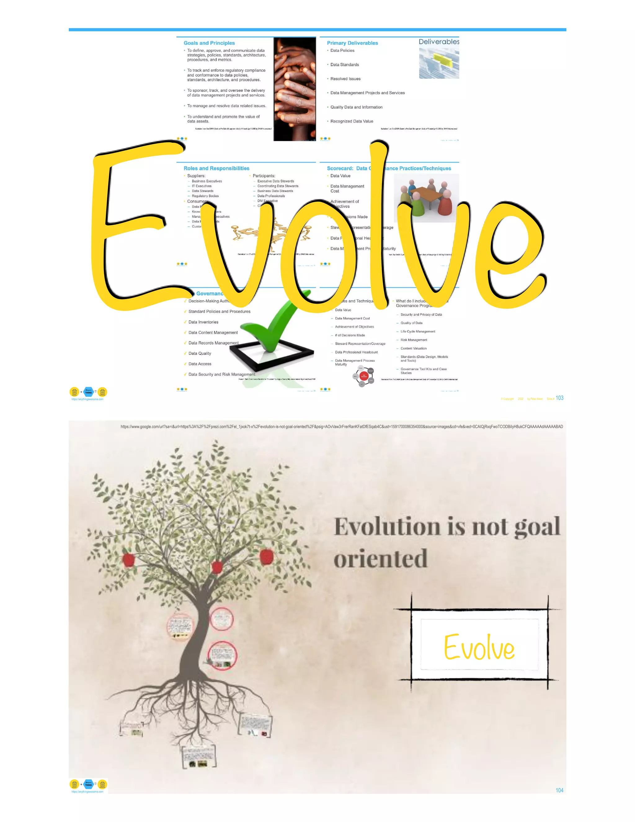 © Copyright 2022 by Peter Aiken Slide # 103
https://anythingawesome.com
Evolve
© Copyright 2022 by Peter Aiken Slide # 104
https://anythingawesome.com
https://www.google.com/url?sa=i&url=https%3A%2F%2Fprezi.com%2Fel_1jxok7t-x%2Fevolution-is-not-goal-oriented%2F&psig=AOvVaw3rFrerRanKFatDfESqab4C&ust=1591700086354000&source=images&cd=vfe&ved=0CAIQjRxqFwoTCODBiIyH8ukCFQAAAAAdAAAAABAD
Evolve
 