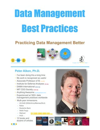 Data Management
Best Practices
© Copyright 2022 by Peter Aiken Slide # 1
peter.aiken@anythingawesome.com +1.804.382.5957 Peter Aiken, PhD
Practicing Data Management Better
1 + 1 = 11
Peter Aiken, Ph.D.
• I've been doing this a long time
• My work is recognized as useful
• Associate Professor of IS (vcu.edu)
• Institute for Defense Analyses (ida.org)
• DAMA International (dama.org)
• MIT CDO Society (iscdo.org)
• Anything Awesome (anythingawesome.com)
• Experienced w/ 500+ data
management practices worldwide
• Multi-year immersions
– US DoD (DISA/Army/Marines/DLA)
– Nokia
– Deutsche Bank
– Wells Fargo
– Walmart
– HUD …
• 12 books and
dozens of articles
© Copyright 2022 by Peter Aiken Slide # 2
https://anythingawesome.com
+
• DAMA International President 2009-2013/2018/2020
• DAMA International Achievement Award 2001
(with Dr. E. F. "Ted" Codd
• DAMA International Community Award 2005
$1,500,000,000.00 USD
 