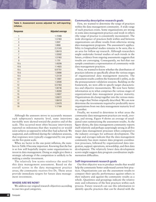 48 Computer
Although the assessors strove to accurately measure
each subprocess’s maturity level, some interviews
inevitably were skewed toward the positive end of the
scale. This occurred most often because interviewees
reported on milestones that they wanted to or would
soon achieve as opposed to what they had achieved. We
suspected, and confirmed during the validation sessions,
that responses were typically exaggerated by one point
on the five-point scale.
When we factor in the one-point inflation, the num-
bers in Table 4 become important. Knowing that the bar
is so low will hopefully inspire some organizations to
invest in data management. Doing so might give them a
strategic advantage if the competition is unlikely to be
making a similar investment.
The relatively low scores reinforce the need for
this data management assessment. Based on the
overall scores in the data management practice
areas, the community receives five Ds. These areas
provide immediate targets for future data manage-
ment investment.
WHERE AREWE NOW?
We address our original research objectives according
to our two goal categories.
Community descriptive research goals
First, we wanted to determine the range of practices
within the data management community. A wide range
of such practices exists. Some organizations are strong
in some data management practices and weak in others
(the range of practice is consistently inconsistent). The
wide divergence of practices both within and between
organizations can dilute results from otherwise strong
data management programs. The assessment’s applica-
bility to longitudinal studies remains to be seen; this is
an area for follow-up research. Although researchers
might undertake formal studies of such trends in the
future, evidence from ongoing assessments suggests that
results are converging. Consequently, we feel that our
sample constitutes a representation of community-wide
data management practices.
Next, we wanted to know whether the distribution of
practices informs us specifically about the various stages
of organizational data management maturity. The
assessment results confirm the framework’s utility, as do
the postassessment validation sessions. Building on the
framework, we were able to specify target characteris-
tics and objective measurements. We now have better
information as to what comprises the various stages of
organizational data management practice maturity.
Organizations do clump together into the various matu-
rity stages that Nolan originally described. We can now
determine the investments required to predictably move
organizations from one data management maturity level
to another.
Finally, we wanted to determine in what areas the
community data management practices are weak, aver-
age, and strong. Figure 4 shows an average of unad-
justed rates summarizing the assessment results. As the
figure shows, the data management community reports
itself relatively and perhaps surprisingly strong in all five
major data management processes when compared to
the industry averages for software development. The
range and averages indicate that the data management
community has more mature data program coordina-
tion processes, followed by organizational data inte-
gration, support operations, stewardship, and then data
development. The relatively lower data development
scores might suggest data program coordination imple-
mentation difficulties.
Self-improvement research goals
Our first objective was to produce results that would
help the community better understand current best prac-
tices. Organizations can use the assessment results to
compare their specific performance against others in
their industry and against the community results as a
whole. Quantities and groupings indicate the relative
state and robustness of the best practices within each
process. Future research can use this information to
identify specific practices that can be shared with the
Table 4. Assessment scores adjusted for self-reporting
inflation.
Response Adjusted average
1 1.72388
2 1.57463
3 1.0597
4 1.8806
5 2.31343
6 1.66418
7 1.33582
8 1.57463
9 1.1791
10 a 1.40299
10 b 1.14925
10 c 0.97761
10 d 1.20896
10 e 1.23134
10 f 1.12687
11 1.32836
12 0.57463
13 1.00746
14 1.46269
15 1.24627
16 1.65672
17 1.66418
18 1.04478
19 1.17164
 
