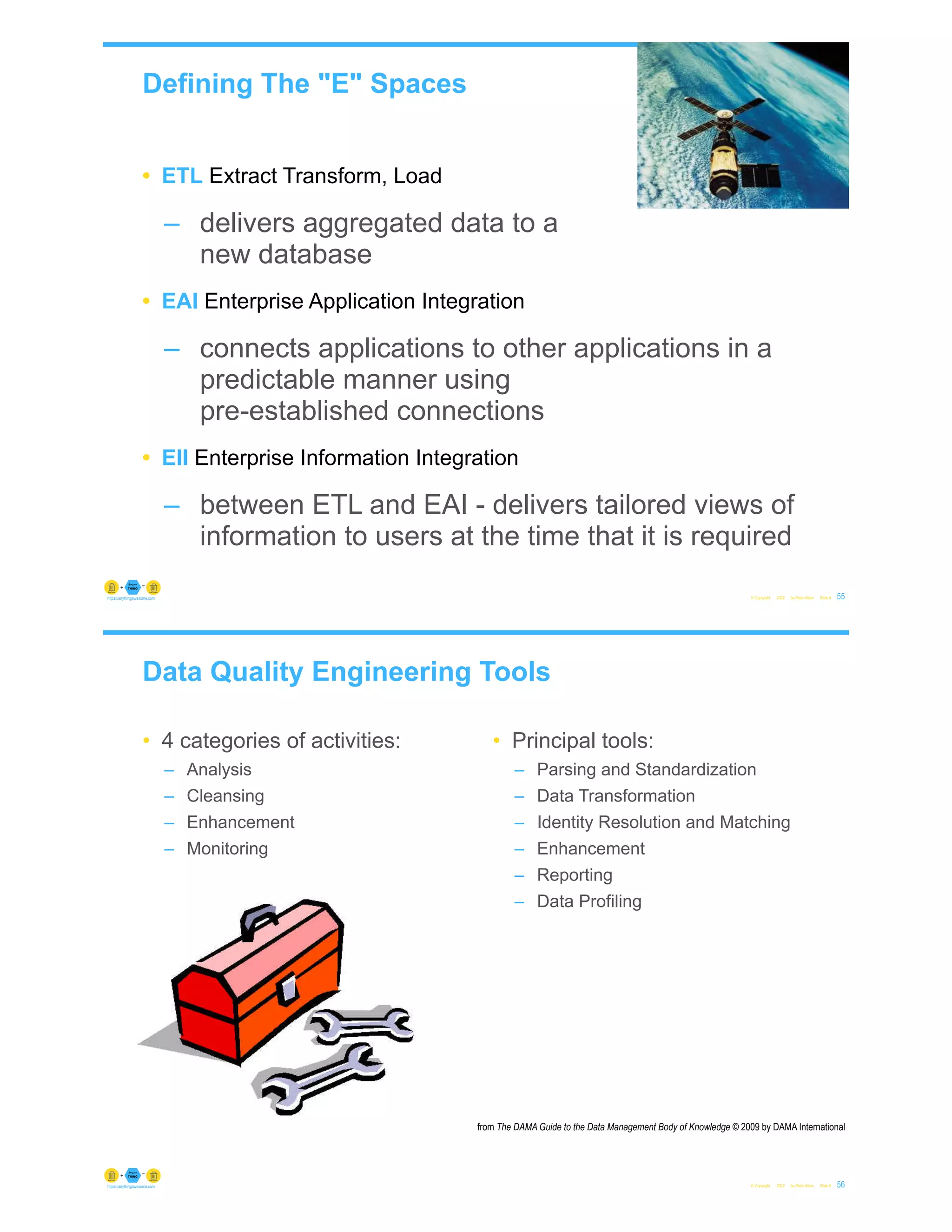 Defining The "E" Spaces
• ETL Extract Transform, Load
– delivers aggregated data to a
new database
• EAI Enterprise Application Integration
– connects applications to other applications in a
predictable manner using
pre-established connections
• EII Enterprise Information Integration
– between ETL and EAI - delivers tailored views of
information to users at the time that it is required
© Copyright 2022 by Peter Aiken Slide # 55
https://anythingawesome.com
Data Quality Engineering Tools
• 4 categories of activities:
– Analysis
– Cleansing
– Enhancement
– Monitoring
• Principal tools:
– Parsing and Standardization
– Data Transformation
– Identity Resolution and Matching
– Enhancement
– Reporting
– Data Profiling
© Copyright 2022 by Peter Aiken Slide # 56
https://anythingawesome.com
from The DAMA Guide to the Data Management Body of Knowledge © 2009 by DAMA International
 