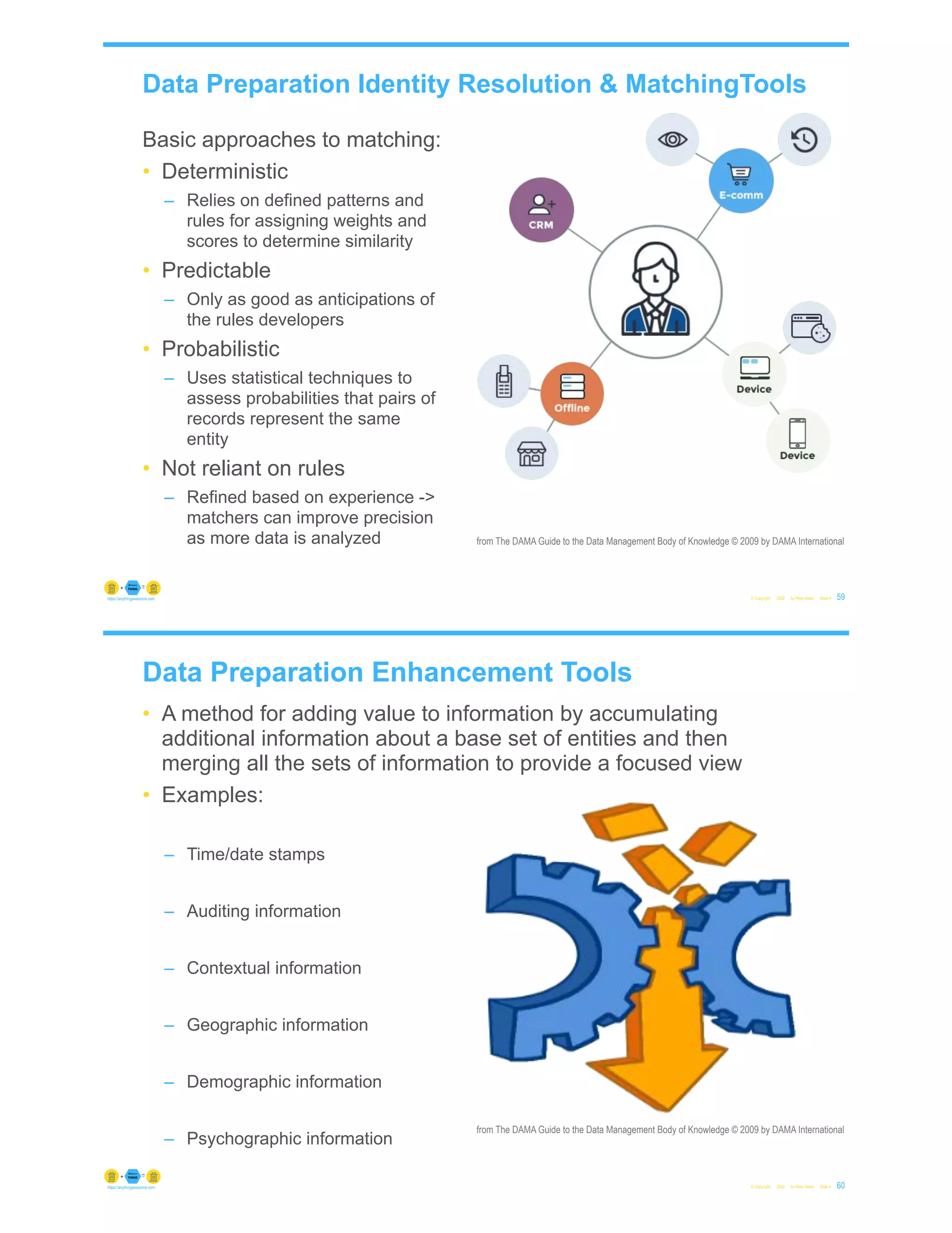 Data Preparation Identity Resolution & MatchingTools
Basic approaches to matching:
• Deterministic
– Relies on defined patterns and
rules for assigning weights and
scores to determine similarity
• Predictable
– Only as good as anticipations of
the rules developers
• Probabilistic
– Uses statistical techniques to
assess probabilities that pairs of
records represent the same
entity
• Not reliant on rules
– Refined based on experience ->
matchers can improve precision
as more data is analyzed
© Copyright 2022 by Peter Aiken Slide # 59
https://anythingawesome.com
from The DAMA Guide to the Data Management Body of Knowledge © 2009 by DAMA International
Data Preparation Enhancement Tools
• A method for adding value to information by accumulating
additional information about a base set of entities and then
merging all the sets of information to provide a focused view
• Examples:
– Time/date stamps
– Auditing information
– Contextual information
– Geographic information
– Demographic information
– Psychographic information
© Copyright 2022 by Peter Aiken Slide # 60
https://anythingawesome.com
from The DAMA Guide to the Data Management Body of Knowledge © 2009 by DAMA International
 