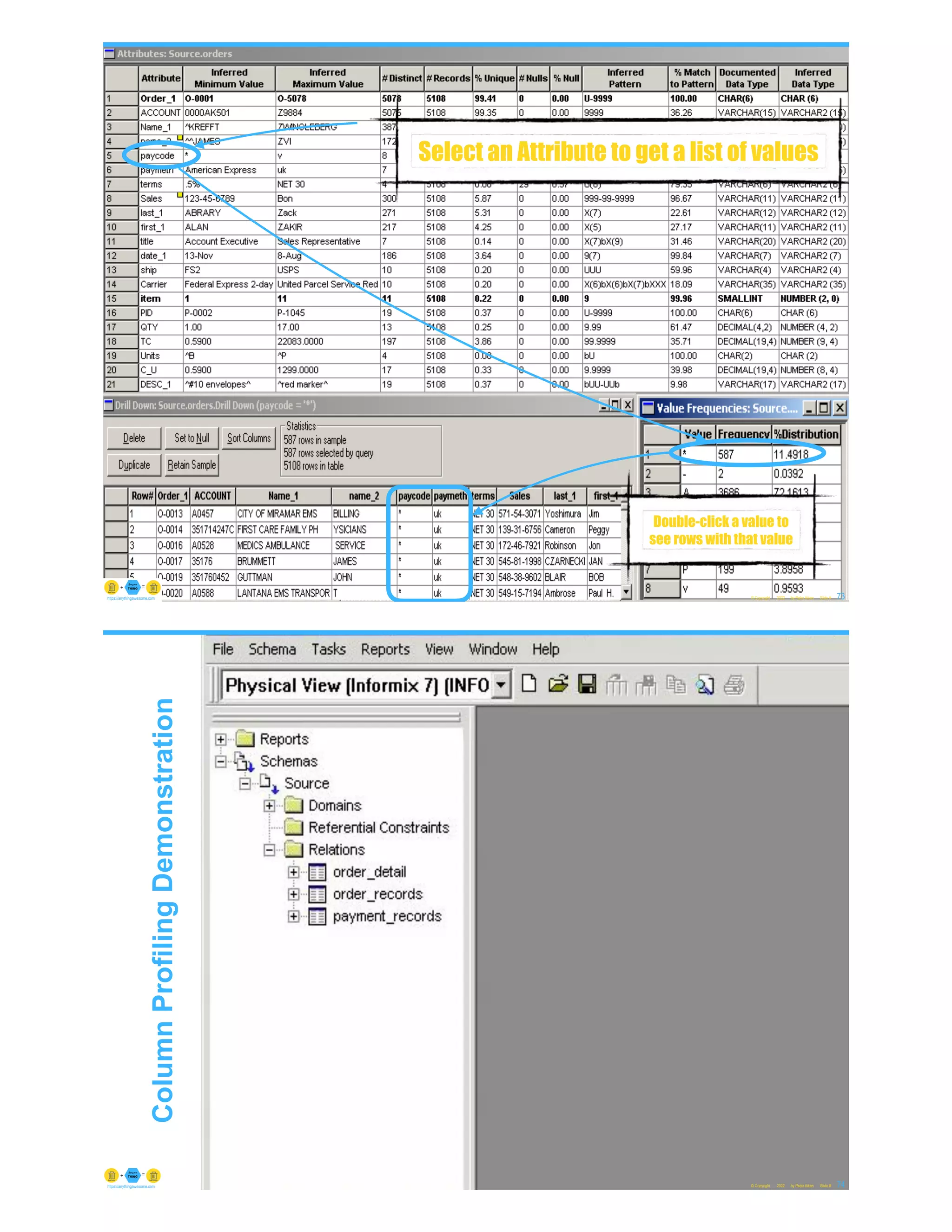 © Copyright 2022 by Peter Aiken Slide # 73
https://anythingawesome.com
Select an Attribute to get a list of values
Double-click a value to
see rows with that value
© Copyright 2022 by Peter Aiken Slide #
Column
Profiling
Demonstration
74
https://anythingawesome.com
 