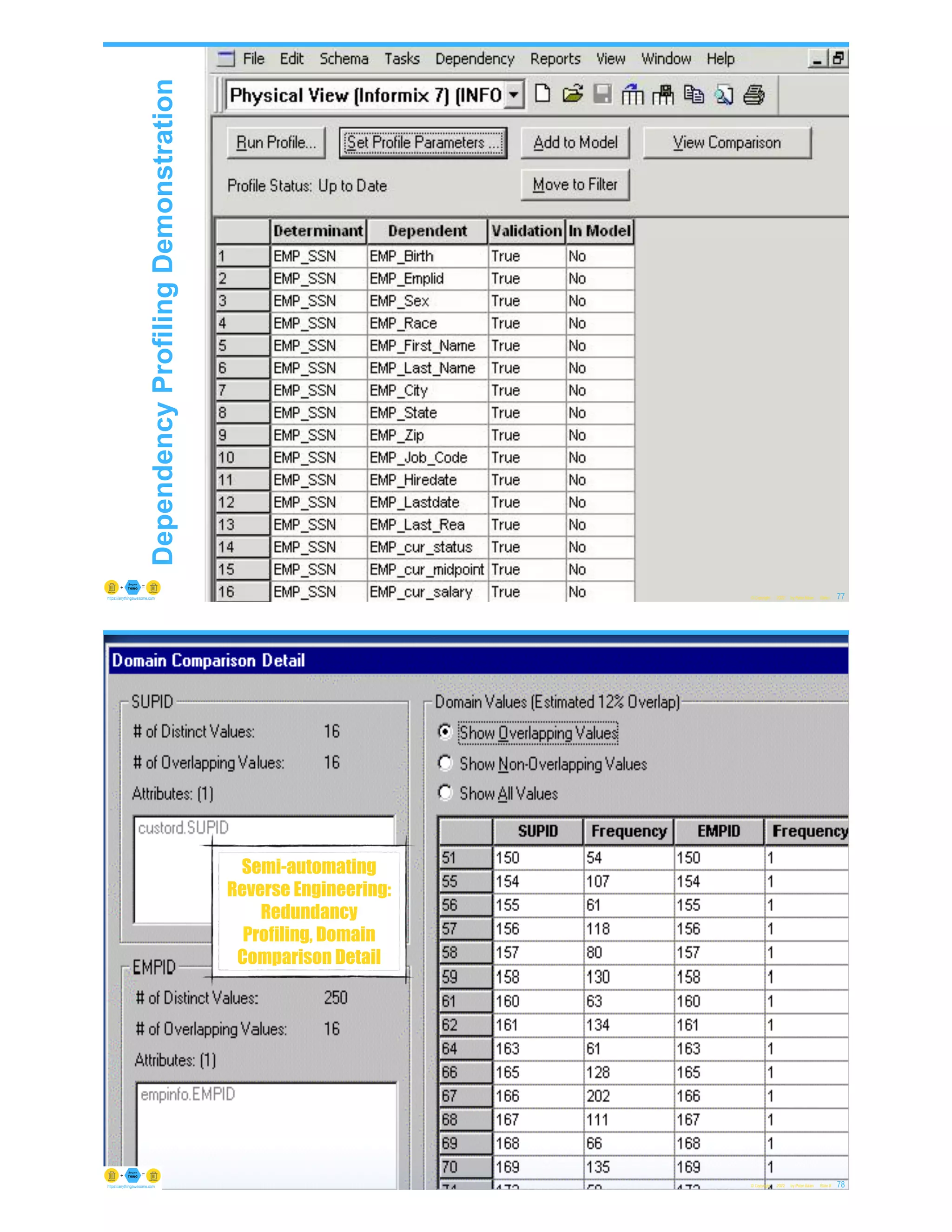 © Copyright 2022 by Peter Aiken Slide #
Dependency
Profiling
Demonstration
77
https://anythingawesome.com
© Copyright 2022 by Peter Aiken Slide # 78
https://anythingawesome.com
Semi-automating
Reverse Engineering:
Redundancy
Profiling, Domain
Comparison Detail
 