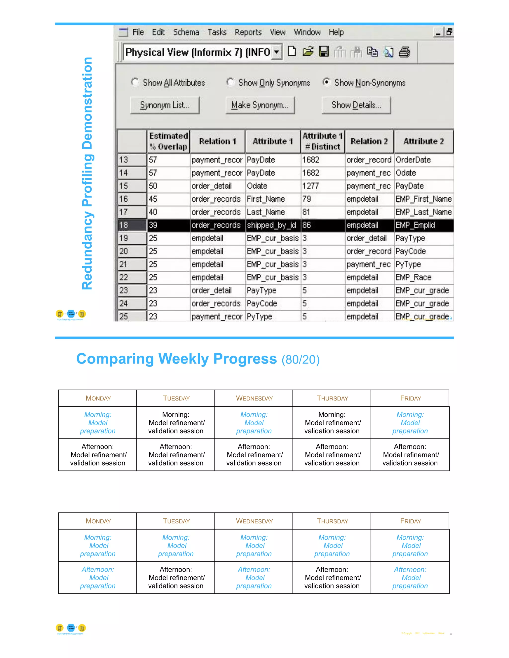 © Copyright 2022 by Peter Aiken Slide # 79
https://anythingawesome.com
Redundancy
Profiling
Demonstration
Comparing Weekly Progress (80/20)
© Copyright 2022 by Peter Aiken Slide #
MONDAY
Morning:
Model
preparation
Afternoon:
Model refinement/
validation session
TUESDAY
Afternoon:
Model refinement/
validation session
WEDNESDAY
Afternoon:
Model refinement/
validation session
THURSDAY
Afternoon:
Model refinement/
validation session
FRIDAY
Afternoon:
Model refinement/
validation session
MONDAY
Morning:
Model
preparation
Afternoon:
Model
preparation
TUESDAY
Morning:
Model
preparation
Afternoon:
Model refinement/
validation session
WEDNESDAY
Morning:
Model
preparation
Afternoon:
Model
preparation
THURSDAY
Morning:
Model
preparation
Afternoon:
Model refinement/
validation session
FRIDAY
Morning:
Model
preparation
Afternoon:
Model
preparation
80
https://anythingawesome.com
Morning:
Model refinement/
validation session
Morning:
Model
preparation
Morning:
Model refinement/
validation session
Morning:
Model
preparation
 