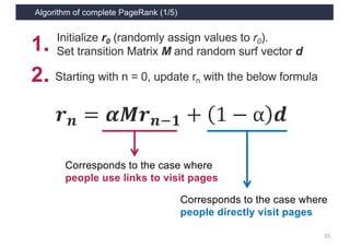Algorithm of complete PageRank (1/5)
35
𝒓 𝒏 = 𝜶𝑴𝒓 𝒏1𝟏 + 1 − α 𝒅
2．Starting with n = 0, update rn with the below formula
Corresponds to the case where
people use links to visit pages
Corresponds to the case where
people directly visit pages
1． Initialize r0 (randomly assign values to r0).
Set transition Matrix M and random surf vector d
 