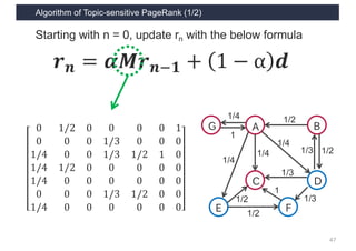 Algorithm of Topic-sensitive PageRank (1/2)
47
𝒓 𝒏 = 𝜶𝑴𝒓 𝒏1𝟏 + 1 − α 𝒅
Starting with n = 0, update rn with the below formula
0 1/2 0 0 0 0 1
0 0 0 1/3 0 0 0
1/4 0 0 1/3 1/2 1 0
1/4 1/2 0 0 0 0 0
1/4 0 0 0 0 0 0
0 0 0 1/3 1/2 0 0
1/4 0 0 0 0 0 0
A
C D
B
E F
G
1
1/4
1/4
1/4
1/4
1/2
1/21/3
1/3
1/3
1
1/2
1/2
 