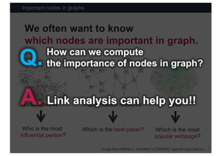 Important nodes in graphs
5Image from William L. Hamilton’s COMP551 special topic lecture
We often want to know
which nodes are important in graph.
Who is the most
influential person?
Which is the best paper? Which is the most
popular webpage?
Paper citation networks Web
How can we compute
the importance of nodes in graph?Q.
Link analysis can help you!!A.
 