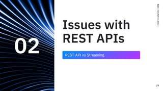 Quix
/
Data
Natives
2022
Issues with
REST APIs
02 REST API vs Streaming
27
 