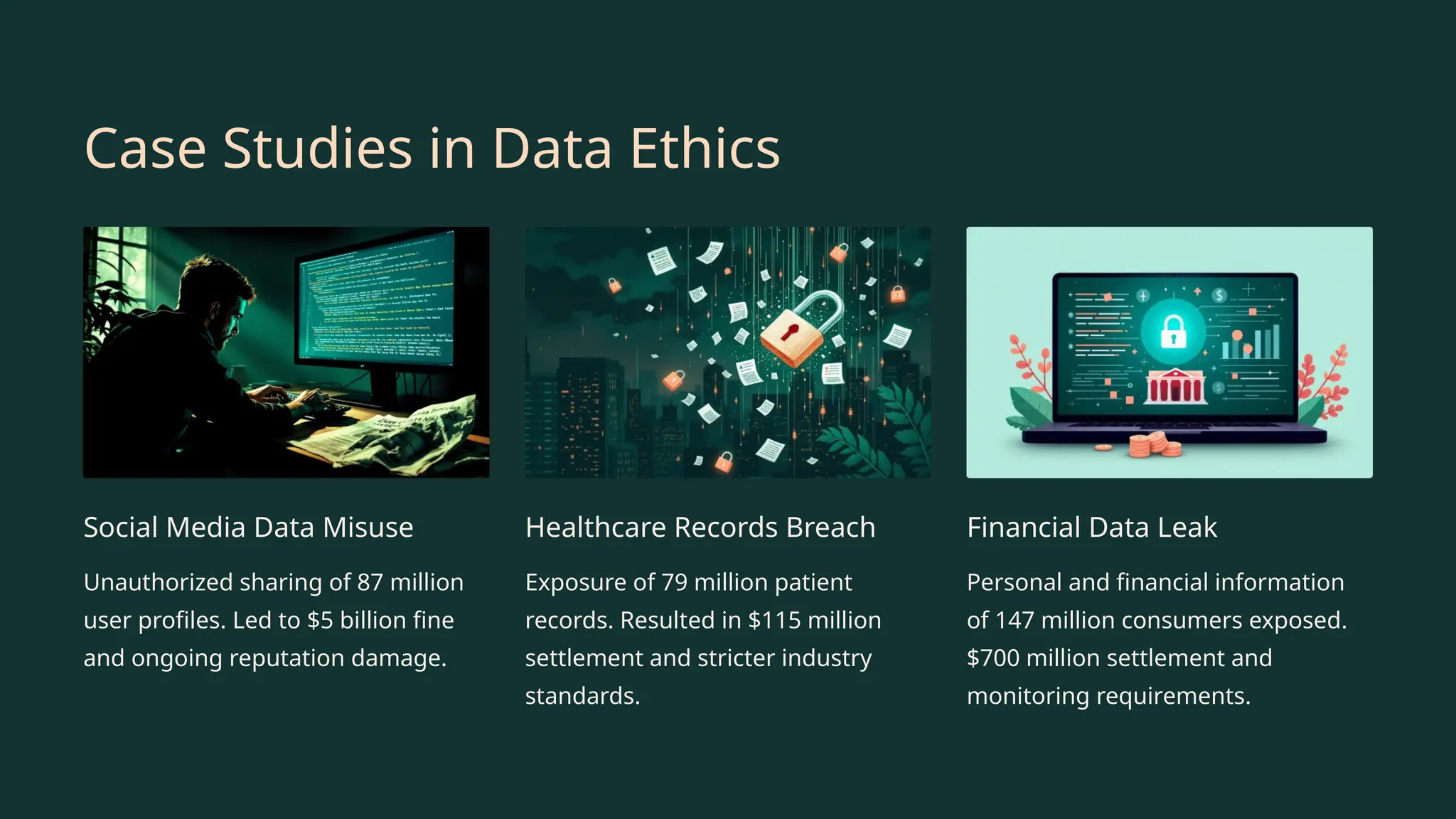 Case Studies in Data Ethics
Social Media Data Misuse
Unauthorized sharing of 87 million
user profiles. Led to $5 billion fine
and ongoing reputation damage.
Healthcare Records Breach
Exposure of 79 million patient
records. Resulted in $115 million
settlement and stricter industry
standards.
Financial Data Leak
Personal and financial information
of 147 million consumers exposed.
$700 million settlement and
monitoring requirements.
 
