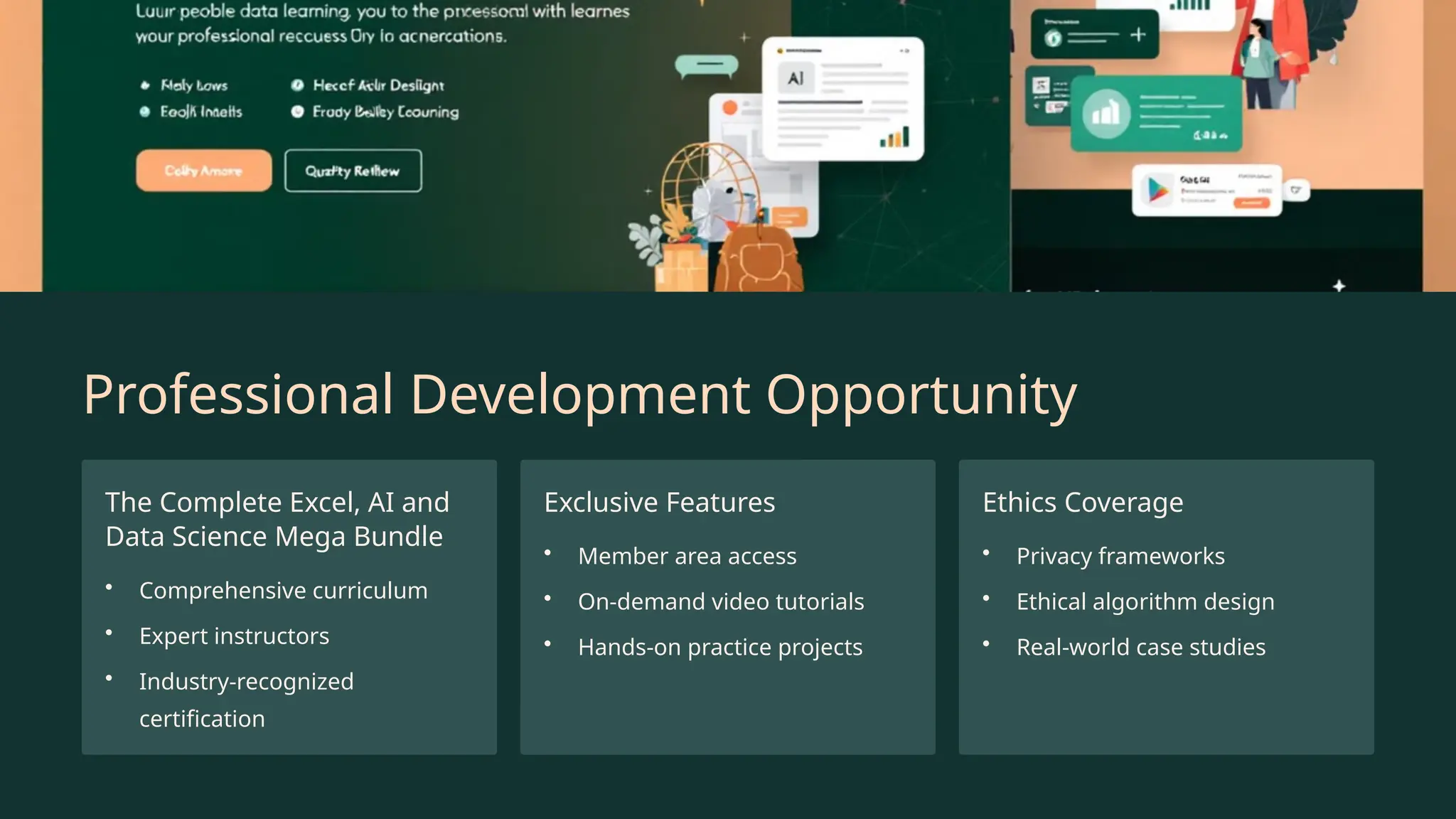 Professional Development Opportunity
The Complete Excel, AI and
Data Science Mega Bundle
• Comprehensive curriculum
• Expert instructors
• Industry-recognized
certification
Exclusive Features
• Member area access
• On-demand video tutorials
• Hands-on practice projects
Ethics Coverage
• Privacy frameworks
• Ethical algorithm design
• Real-world case studies
 