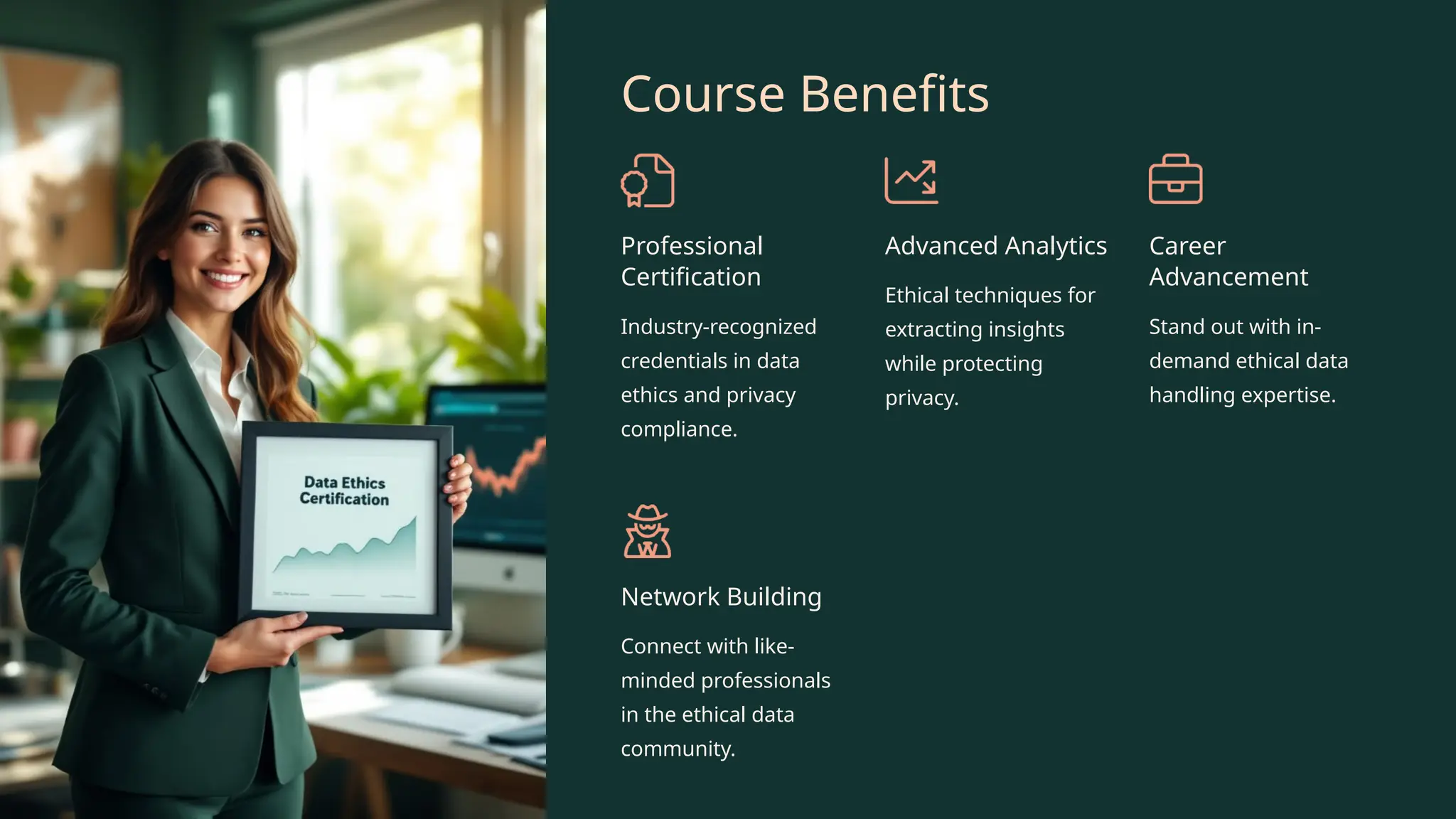 Course Benefits
Professional
Certification
Industry-recognized
credentials in data
ethics and privacy
compliance.
Advanced Analytics
Ethical techniques for
extracting insights
while protecting
privacy.
Career
Advancement
Stand out with in-
demand ethical data
handling expertise.
Network Building
Connect with like-
minded professionals
in the ethical data
community.
 