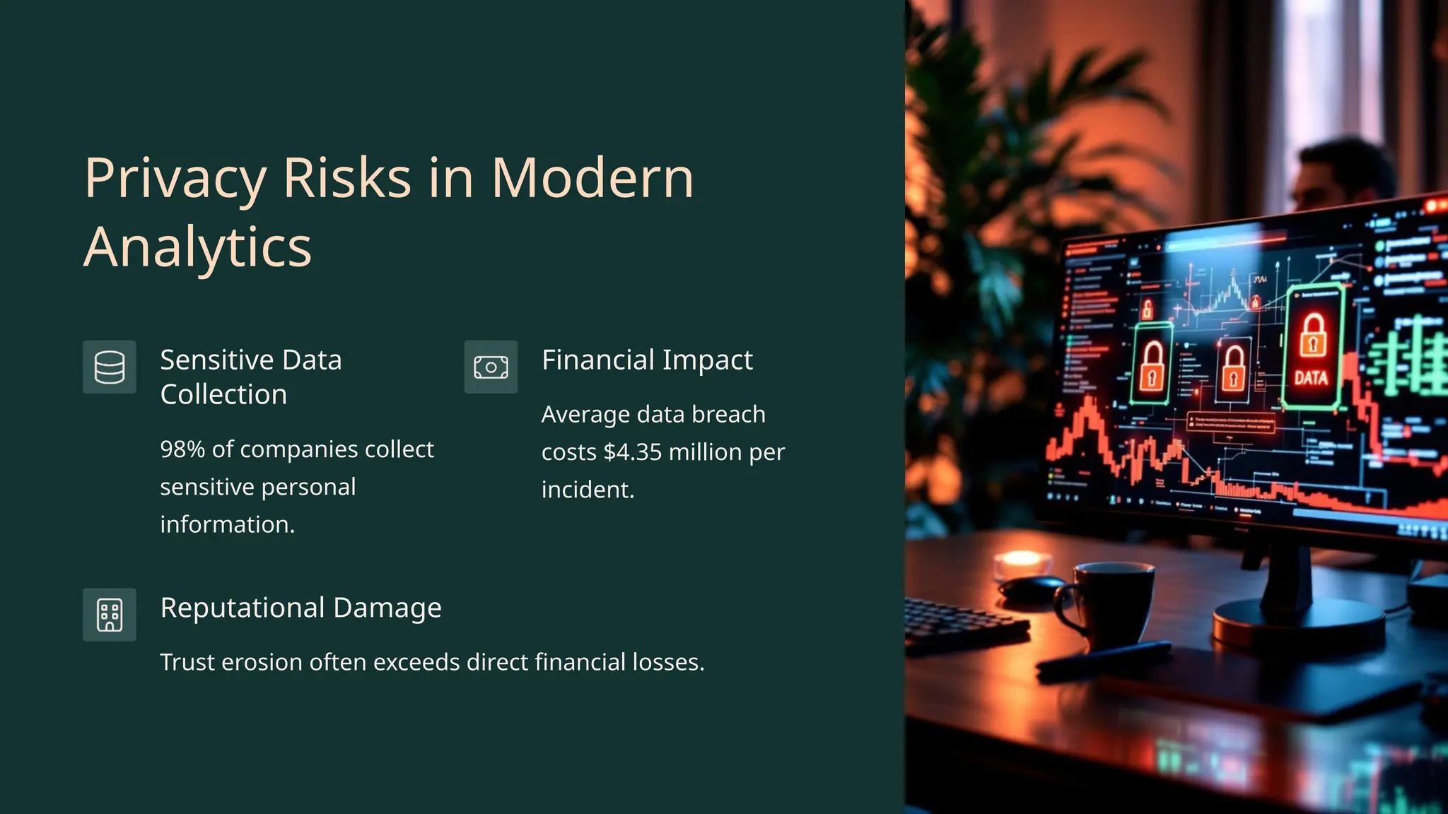 Privacy Risks in Modern
Analytics
Sensitive Data
Collection
98% of companies collect
sensitive personal
information.
Financial Impact
Average data breach
costs $4.35 million per
incident.
Reputational Damage
Trust erosion often exceeds direct financial losses.
 