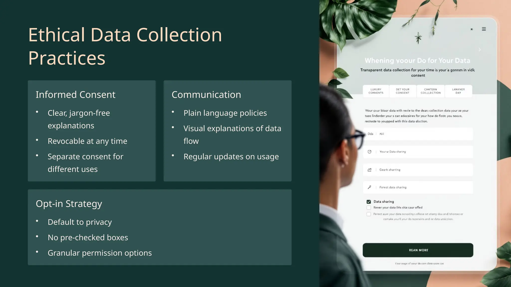 Ethical Data Collection
Practices
Informed Consent
• Clear, jargon-free
explanations
• Revocable at any time
• Separate consent for
different uses
Communication
• Plain language policies
• Visual explanations of data
flow
• Regular updates on usage
Opt-in Strategy
• Default to privacy
• No pre-checked boxes
• Granular permission options
 