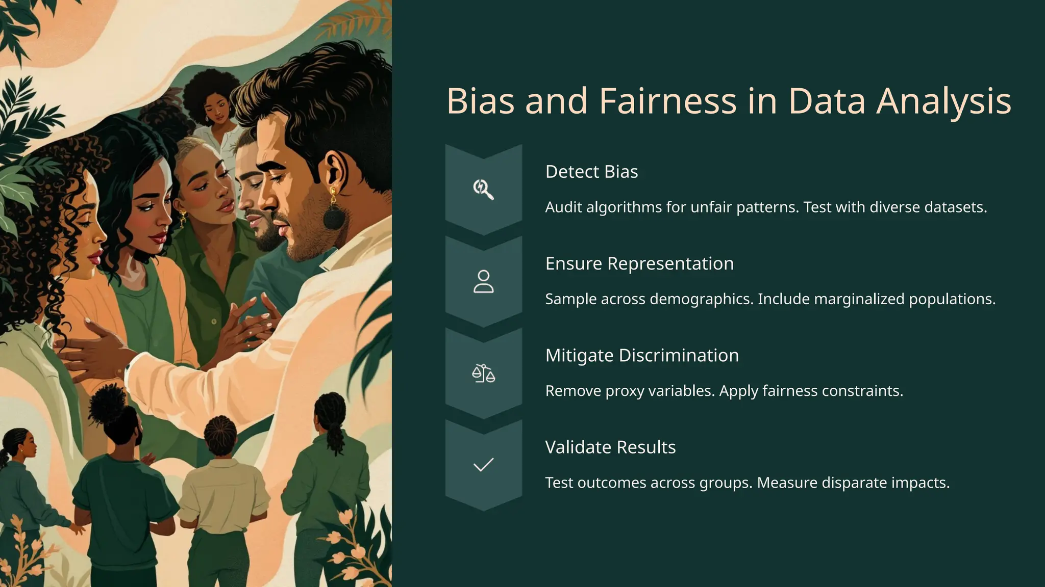 Bias and Fairness in Data Analysis
Detect Bias
Audit algorithms for unfair patterns. Test with diverse datasets.
Ensure Representation
Sample across demographics. Include marginalized populations.
Mitigate Discrimination
Remove proxy variables. Apply fairness constraints.
Validate Results
Test outcomes across groups. Measure disparate impacts.
 