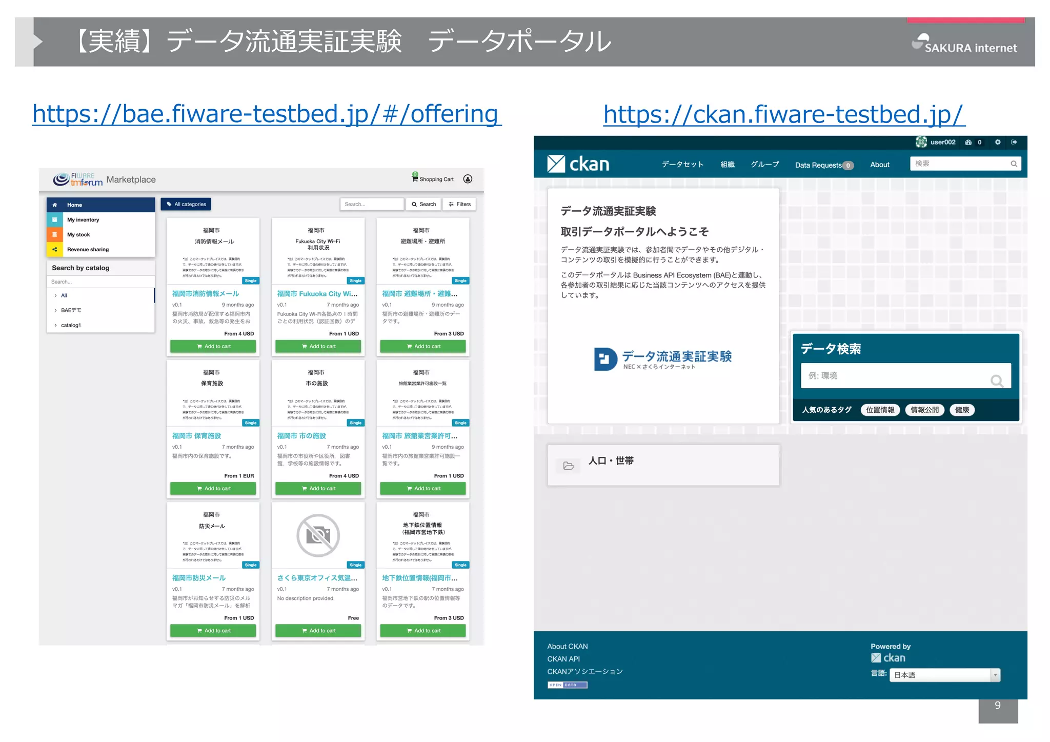 【実績】データ流通実証実験 データポータル
https://bae.fiware-testbed.jp/#/offering
9
https://ckan.fiware-testbed.jp/
 