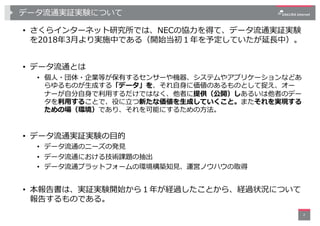 データ流通実証実験について
• さくらインターネット研究所では、NECの協⼒を得て、データ流通実証実験
を2018年3⽉より実施中である（開始当初１年を予定していたが延⻑中）。
• データ流通とは
• 個⼈・団体・企業等が保有するセンサーや機器...