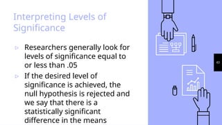 43
Interpreting Levels of
Significance
▹ Researchers generally look for
levels of significance equal to
or less than .05
▹ If the desired level of
significance is achieved, the
null hypothesis is rejected and
we say that there is a
statistically significant
difference in the means
 