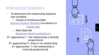 45
Inferential Statistics
▹ To determine the relationship between
two variables:
Þ Counts or Continuous Data
Pearson Product Moment Correlation (r)
Scatter plot
Þ Rank Data Set
Spearman Rank Correlation (r)
If r approaches 1 : the relationship is directly
proportional
If r approaches 0 : there is no relationship
If r approaches -1: the relationship is
inversely proportional
 