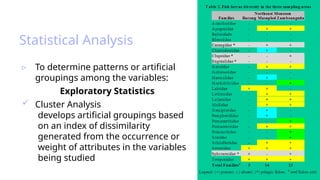 52
Statistical Analysis
▹ To determine patterns or artificial
groupings among the variables:
Exploratory Statistics
 Cluster Analysis
develops artificial groupings based
on an index of dissimilarity
generated from the occurrence or
weight of attributes in the variables
being studied
 