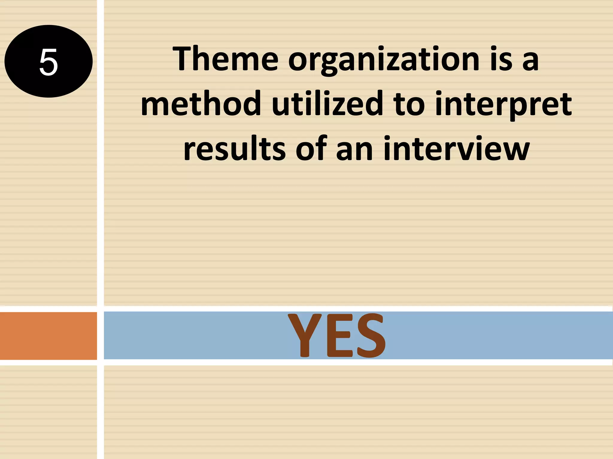 Theme organization is a
method utilized to interpret
results of an interview
YES
5
 
