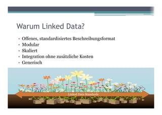 Warum Linked Data?
•  Offenes, standardisiertes Beschreibungsformat
•  Modular
•  Skaliert
•  Integration ohne zusätzliche Kosten
•  Generisch




                        Linked Data Standards
 