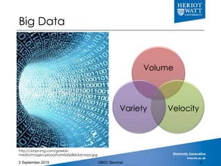 Big Data
2 September 2015 UBDC Seminar 3
Volume
VelocityVariety
http://i.kinja-img.com/gawker-
media/image/upload/lvzm0afp...