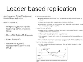 Leader based replication
• Also known as Active/Passive and
Master/Slave replication
• Built in feature of
• Postgres, Mysql, Oracle Data
Guard, Sql Server Availability
Group
• MongoDB, RethinkDB, Espresso
• Kafka, RabbitMQ
• Network File Systems,
replicated block devices like
DRDB
• Synchronous replication
• Leader waits for conﬁrmation from follower before reporting success to its
client
• Guarantee of up-to-date copy between leader and follower
• All followers can never be synchronous : any one node outage would cause
the whole system to grind to a halt
• Asynchronous replication
• Leader sends message to follower and reports success to its client (does n
wait for conﬁrmation from follower)
• Often leader based replication is asynchronous
• Non durable - If leader fails and is not recoverable, all un-replicated writes
are lost
• It is inevitable when many followers or geographically distributed followers
• Semi-synchronous replication
• If sync follower becomes unavailable or slow, an async follower is made
synchronous
 
