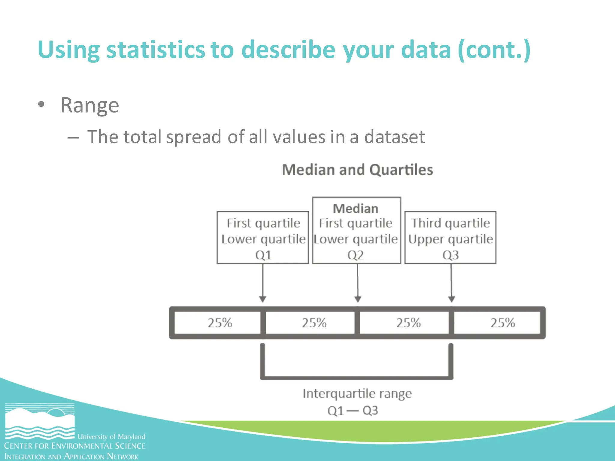• Range
– The total spread of all values in a dataset
Using statistics to describe your data (cont.)
 