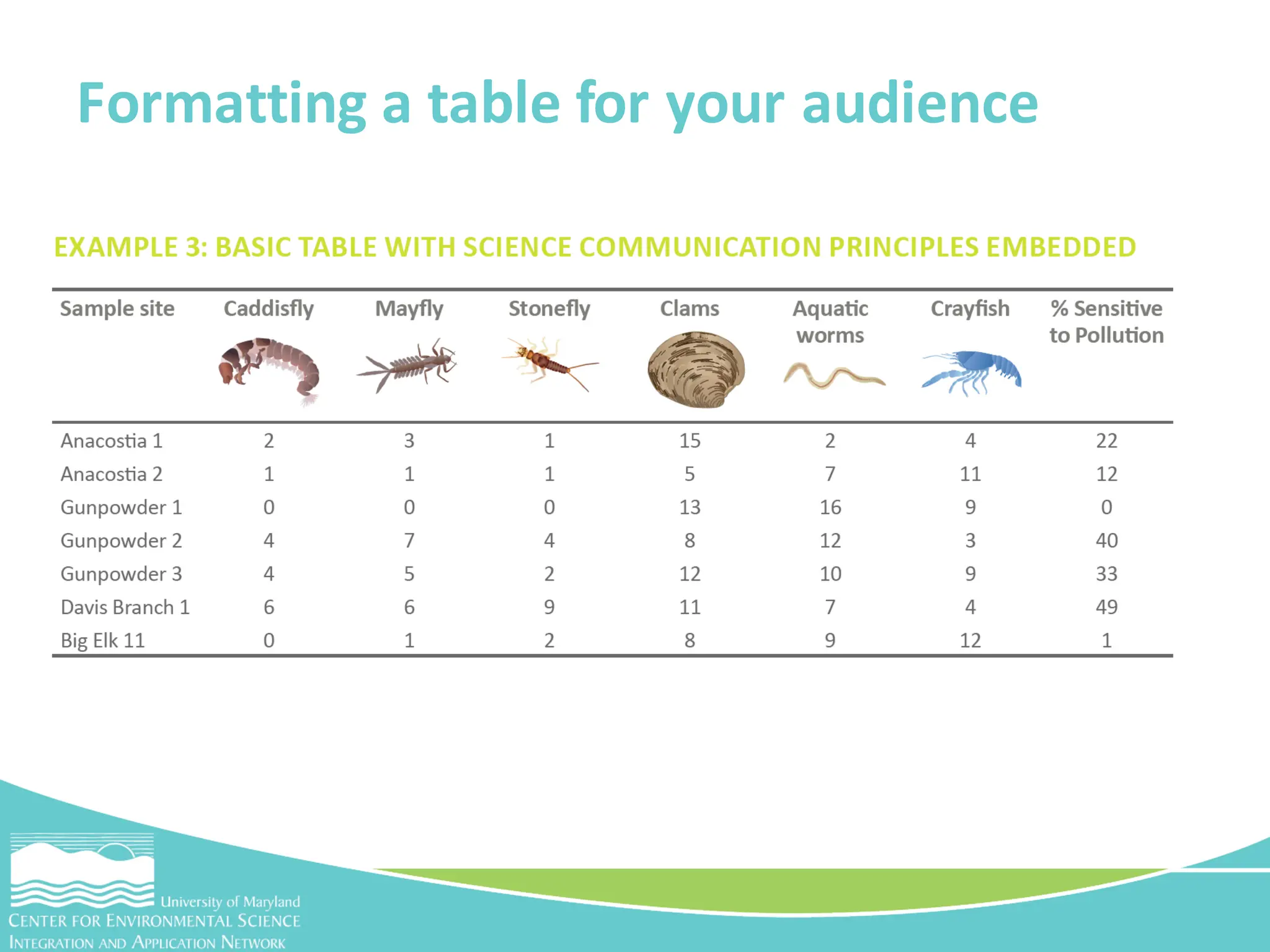 Formatting a table for your audience
 