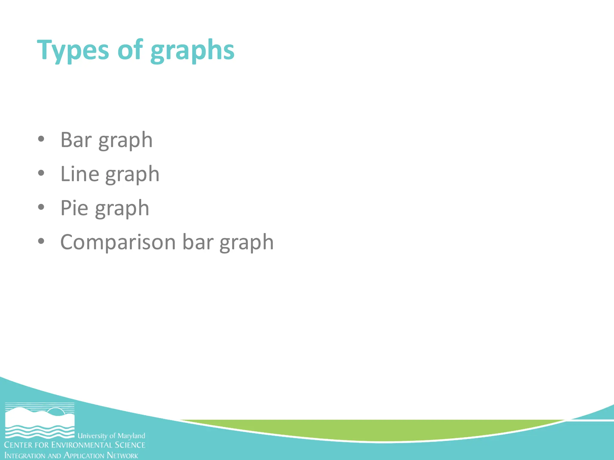 • Bar graph
• Line graph
• Pie graph
• Comparison bar graph
Types of graphs
 