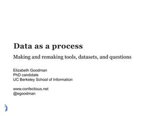Data as a process Making and remaking tools, datasets, and questions Elizabeth Goodman PhD candidate UC Berkeley School of Information www.confectious.net @egoodman 