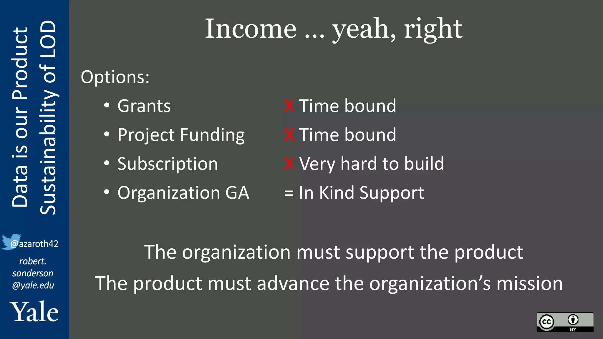Data
is
our
Product
Sustainability
of
LOD
robert.
sanderson
@yale.edu
@azaroth42
Income … yeah, right
Options:
• Grants X Time bound
• Project Funding X Time bound
• Subscription X Very hard to build
• Organization GA = In Kind Support
The organization must support the product
The product must advance the organization’s mission
 