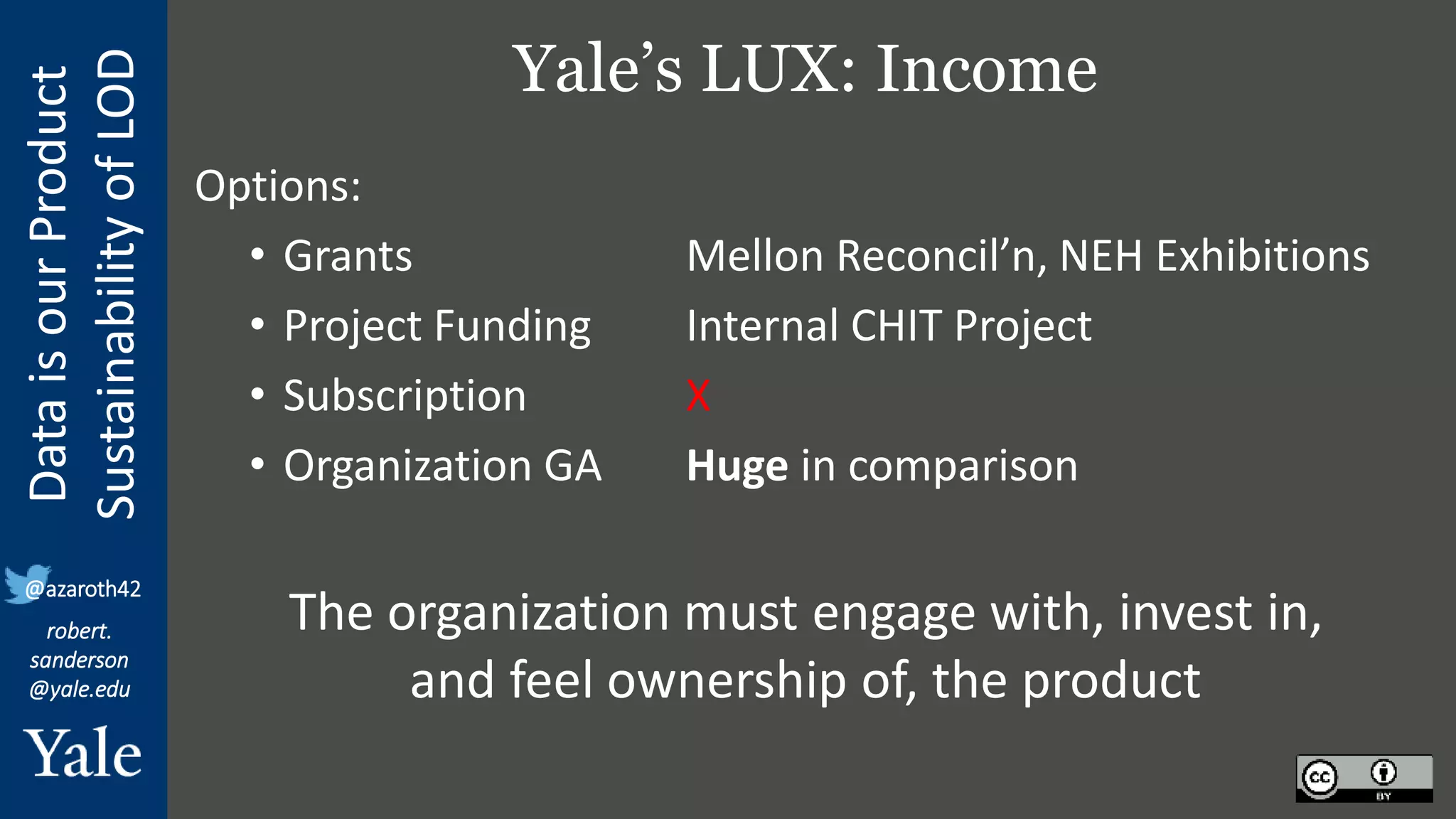 Data
is
our
Product
Sustainability
of
LOD
robert.
sanderson
@yale.edu
@azaroth42
Yale’s LUX: Income
Options:
• Grants Mellon Reconcil’n, NEH Exhibitions
• Project Funding Internal CHIT Project
• Subscription X
• Organization GA Huge in comparison
The organization must engage with, invest in,
and feel ownership of, the product
 