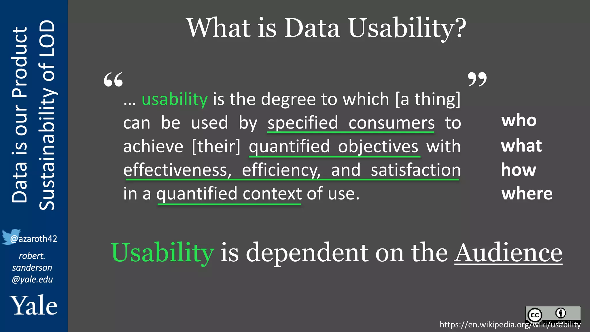 Data
is
our
Product
Sustainability
of
LOD
robert.
sanderson
@yale.edu
@azaroth42
What is Data Usability?
… usability is the degree to which [a thing]
can be used by specified consumers to
achieve [their] quantified objectives with
effectiveness, efficiency, and satisfaction
in a quantified context of use.
who
what
how
where
Usability is dependent on the Audience
https://en.wikipedia.org/wiki/usability
“ ”
 