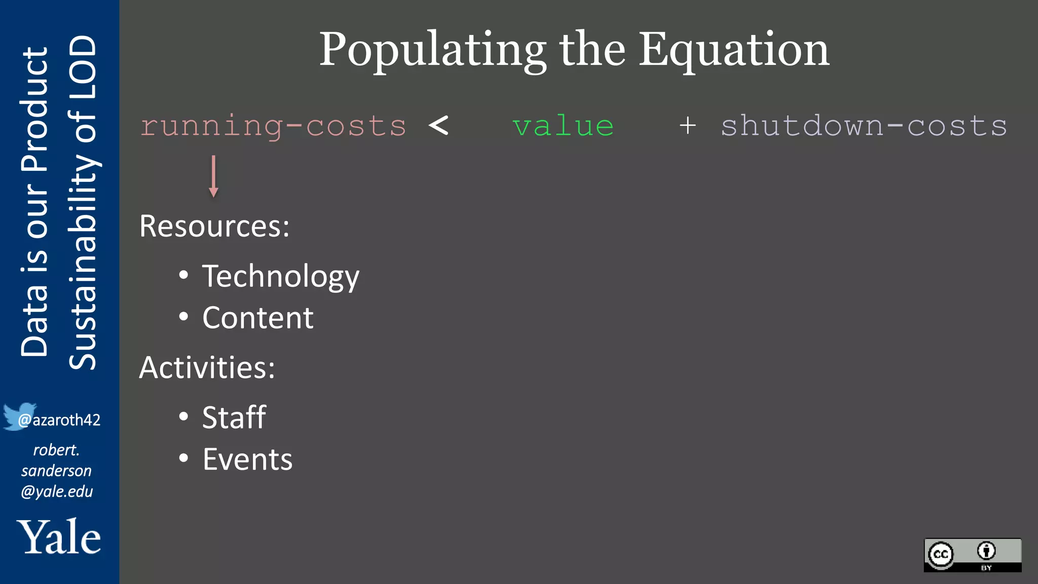Data
is
our
Product
Sustainability
of
LOD
robert.
sanderson
@yale.edu
@azaroth42
Populating the Equation
running-costs < value + shutdown-costs
Resources:
• Technology
• Content
Activities:
• Staff
• Events
 